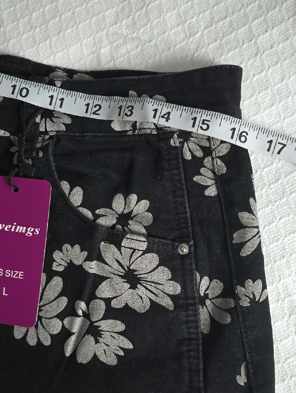 Floral Wide-Leg Denim Pants - Black with Light Blue Print - Picture 3 of 13